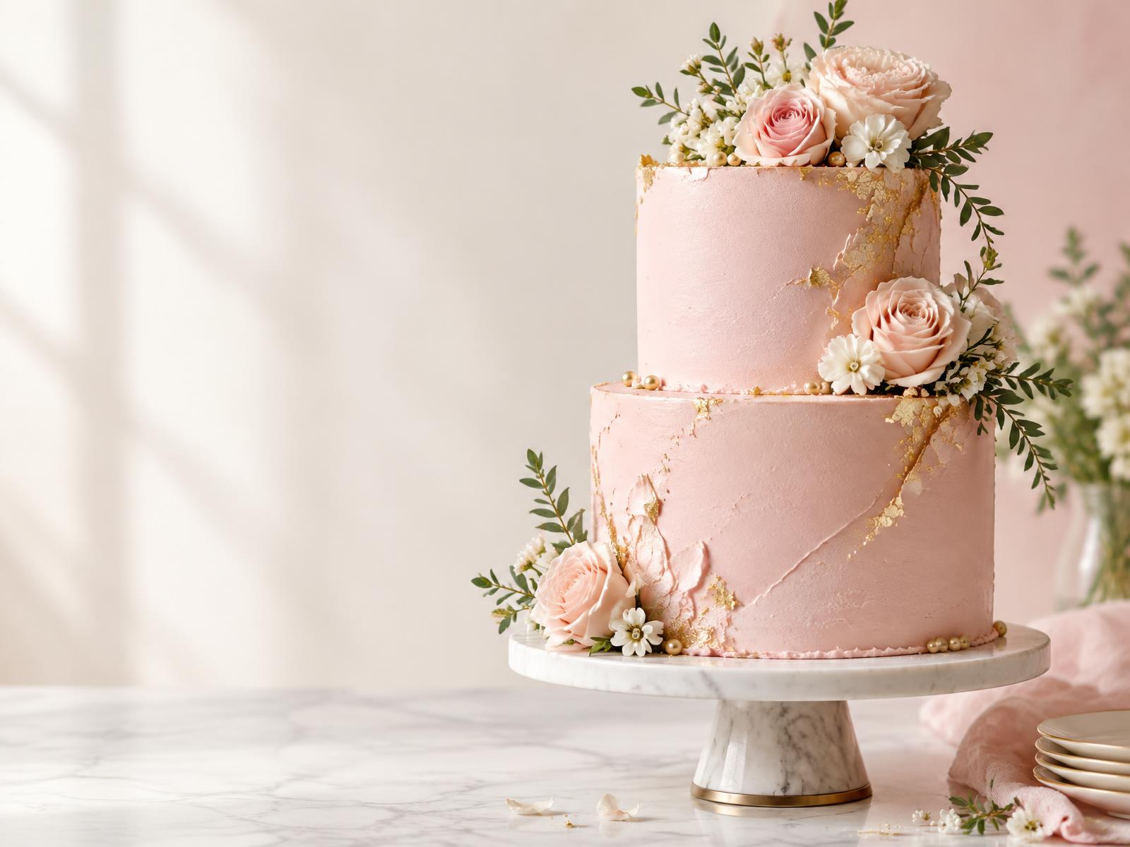 Pastel de dos pisos en crema rosada con flores frescas y detalles dorados